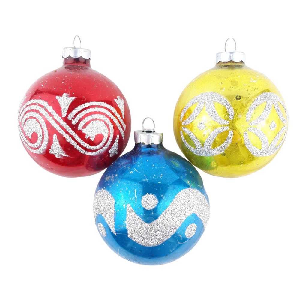 Vintage Mercury Glass Ball Glitter Stencil Christmas Ornaments Lot Of 3